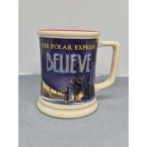 The Polar Express Believe Ceramic Coffee Mug Cream Red Rim Holiday Movie Train